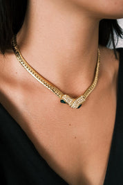 Vintage Givenchy Necklace, Gold Tone Flat Link Chain with Crystal Pavé & Emerald Green Glass, Signed Givenchy Paris New York, 46cm / 18.11in