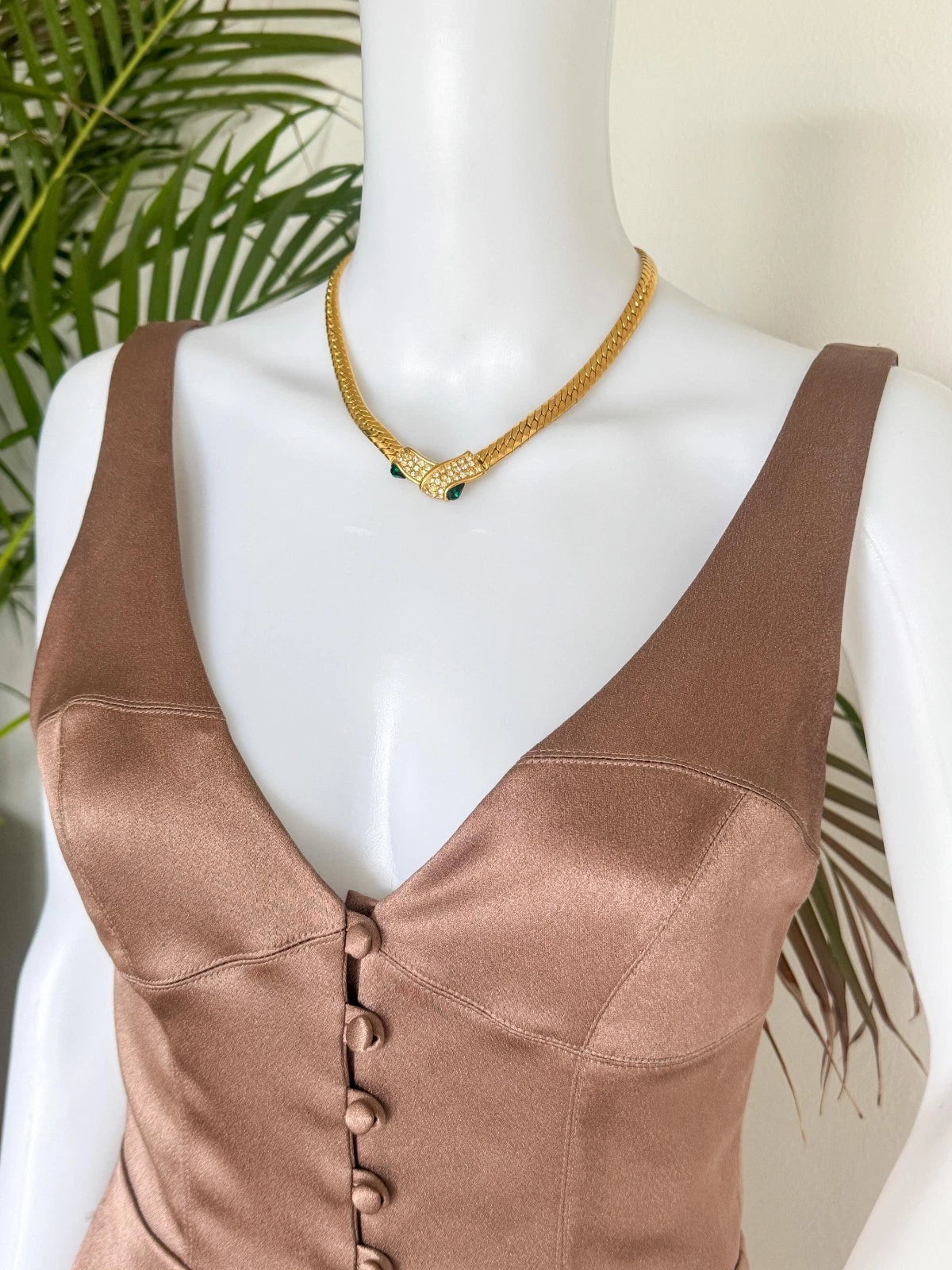 Vintage Givenchy Necklace, Gold Tone Flat Link Chain with Crystal Pavé & Emerald Green Glass, Signed Givenchy Paris New York, 46cm / 18.11in