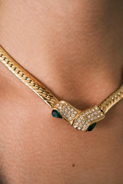 Vintage Givenchy Necklace, Gold Tone Flat Link Chain with Crystal Pavé & Emerald Green Glass, Signed Givenchy Paris New York, 46cm / 18.11in
