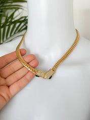 Vintage Givenchy Necklace, Gold Tone Flat Link Chain with Crystal Pavé & Emerald Green Glass, Signed Givenchy Paris New York, 46cm / 18.11in