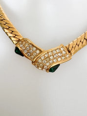 Vintage Givenchy Necklace, Gold Tone Flat Link Chain with Crystal Pavé & Emerald Green Glass, Signed Givenchy Paris New York, 46cm / 18.11in