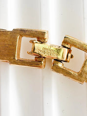 Vintage Givenchy Necklace, Gold Tone Flat Link Chain with Crystal Pavé & Emerald Green Glass, Signed Givenchy Paris New York, 46cm / 18.11in