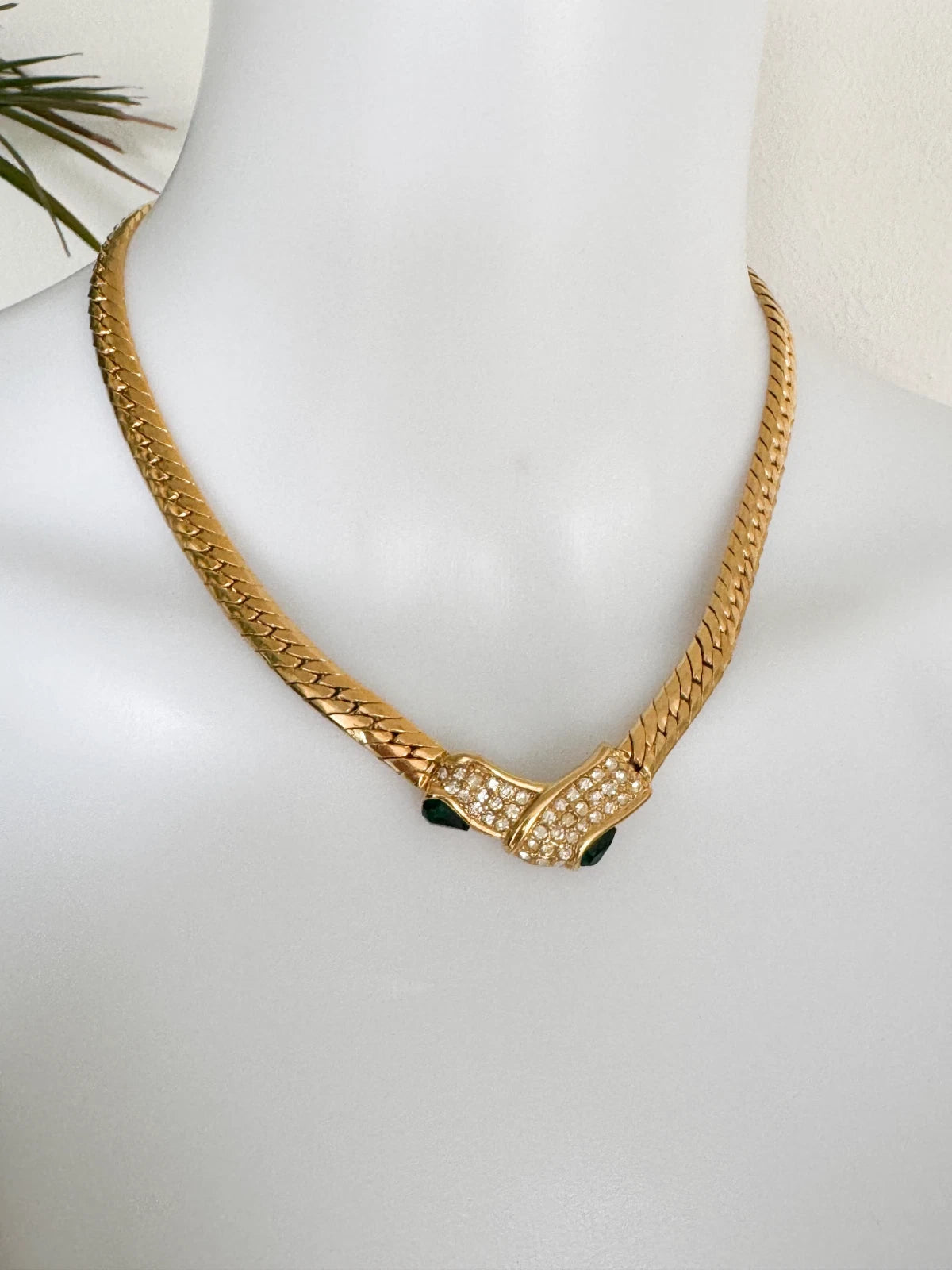 Vintage Givenchy Necklace, Gold Tone Flat Link Chain with Crystal Pavé & Emerald Green Glass, Signed Givenchy Paris New York, 46cm / 18.11in