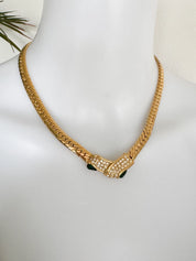 Vintage Givenchy Necklace, Gold Tone Flat Link Chain with Crystal Pavé & Emerald Green Glass, Signed Givenchy Paris New York, 46cm / 18.11in