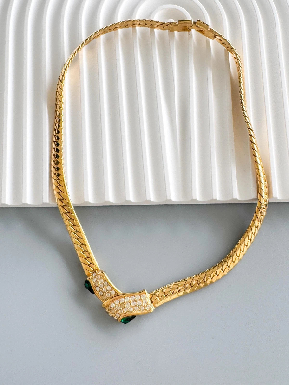 Vintage Givenchy Necklace, Gold Tone Flat Link Chain with Crystal Pavé & Emerald Green Glass, Signed Givenchy Paris New York, 46cm / 18.11in