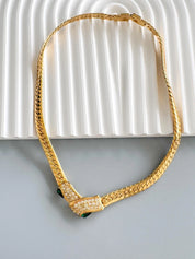 Vintage Givenchy Necklace, Gold Tone Flat Link Chain with Crystal Pavé & Emerald Green Glass, Signed Givenchy Paris New York, 46cm / 18.11in
