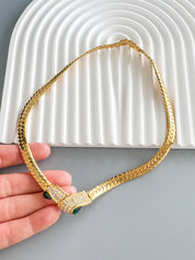Vintage Givenchy Necklace, Gold Tone Flat Link Chain with Crystal Pavé & Emerald Green Glass, Signed Givenchy Paris New York, 46cm / 18.11in