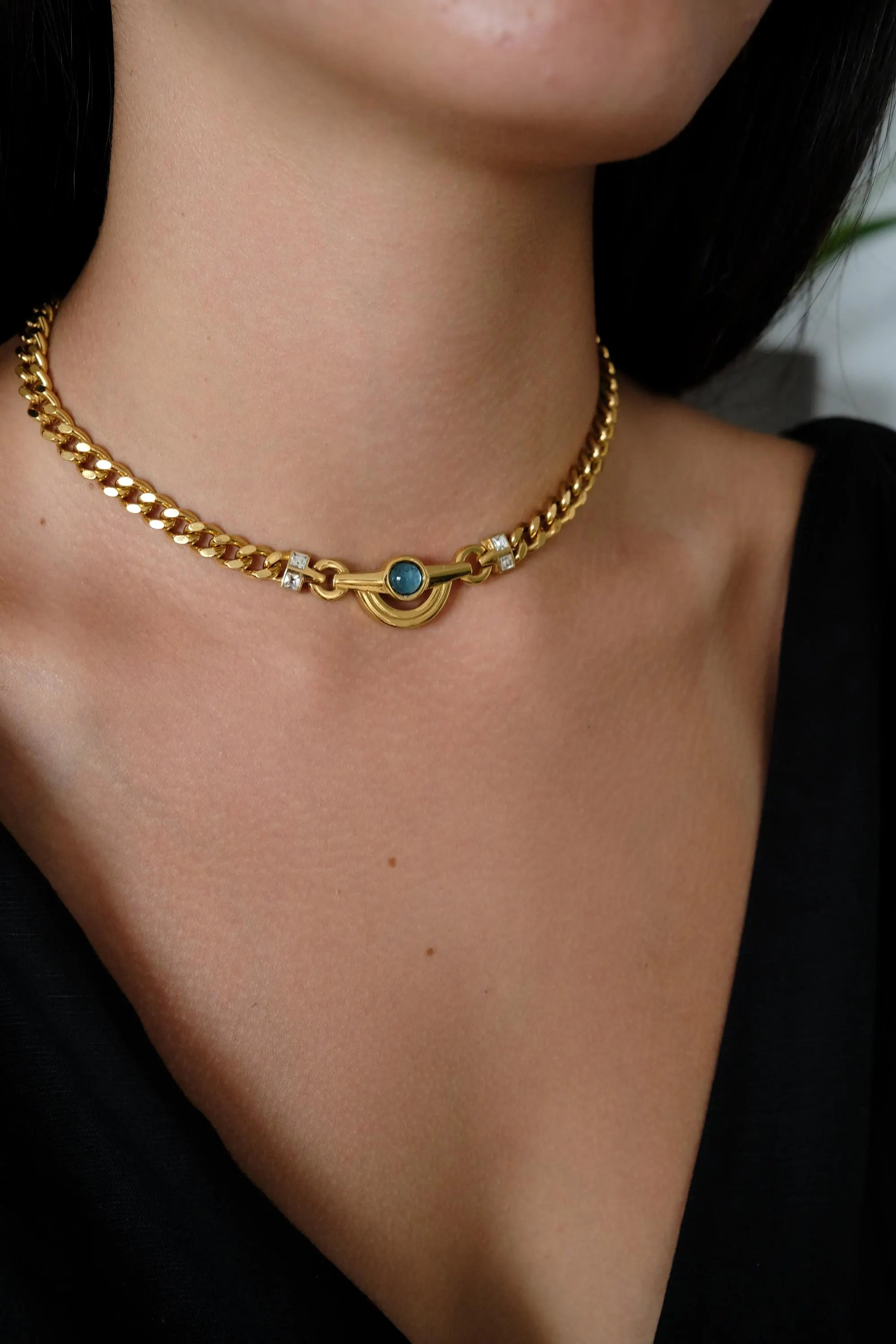 Vintage 1980 Givenchy Necklace Curb Chain Light Blue Cabochon & Crystal Accents