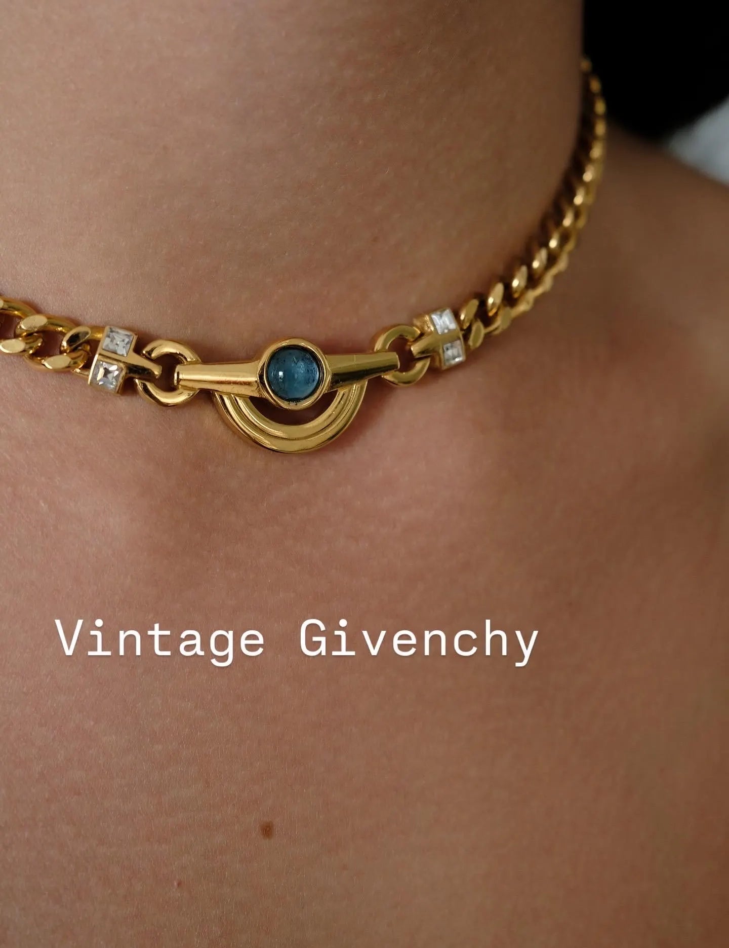 Vintage 1980 Givenchy Necklace, Gold Tone Curb Chain with Light Blue Cabochon & Crystal Accents, Signed Givenchy Paris New York, 38cm