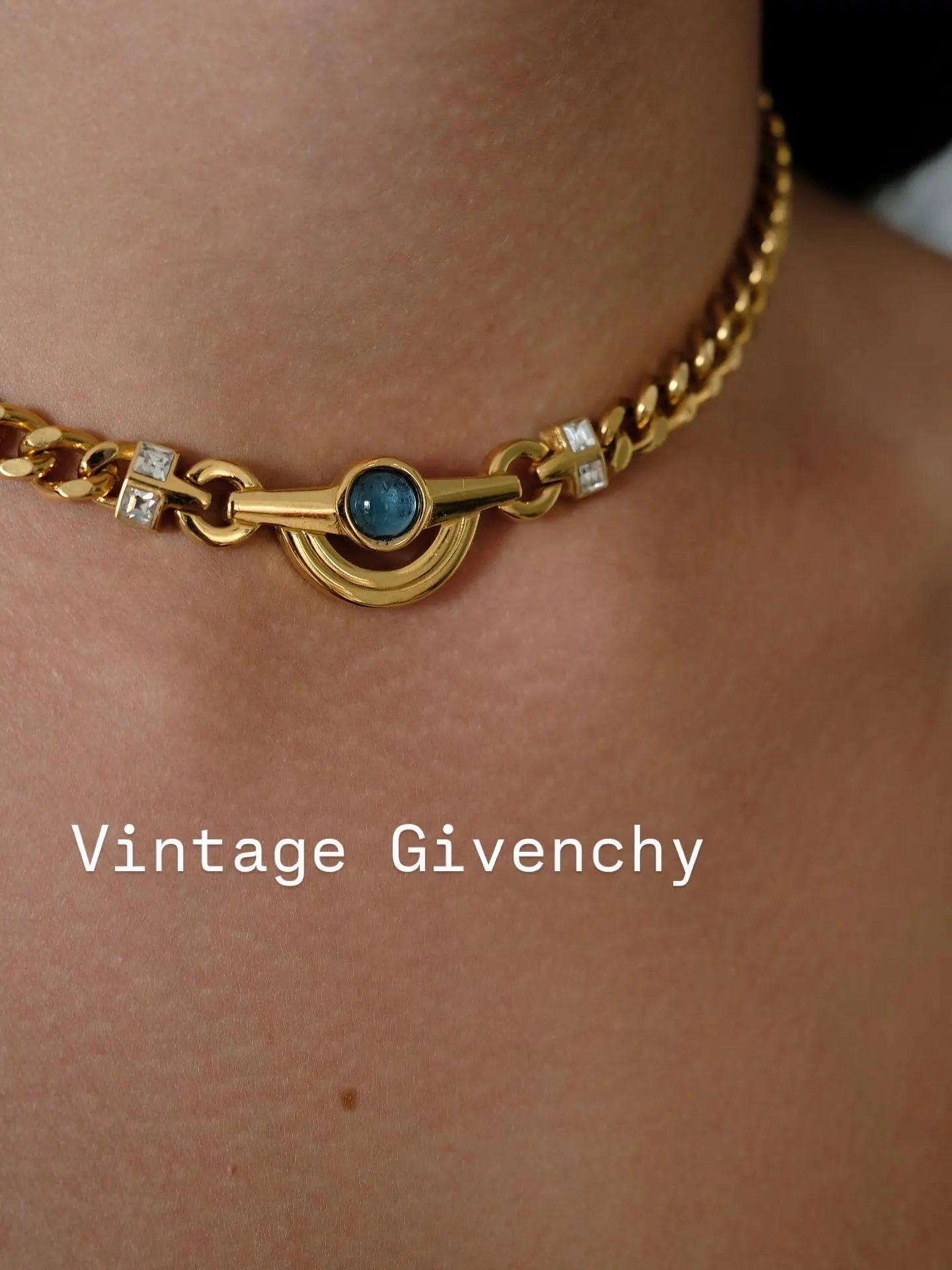Vintage 1980 Givenchy Necklace, Gold Tone Curb Chain with Light Blue Cabochon & Crystal Accents, Signed Givenchy Paris New York, 38cm