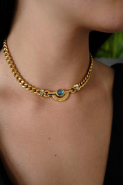 Vintage 1980 Givenchy Necklace, Gold Tone Curb Chain with Light Blue Cabochon & Crystal Accents, Signed Givenchy Paris New York, 38cm
