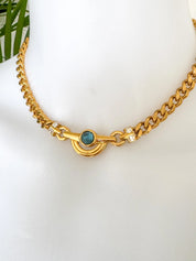 Vintage 1980 Givenchy Necklace, Gold Tone Curb Chain with Light Blue Cabochon & Crystal Accents, Signed Givenchy Paris New York, 38cm