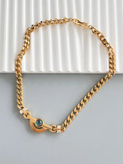 Vintage 1980 Givenchy Necklace, Gold Tone Curb Chain with Light Blue Cabochon & Crystal Accents, Signed Givenchy Paris New York, 38cm