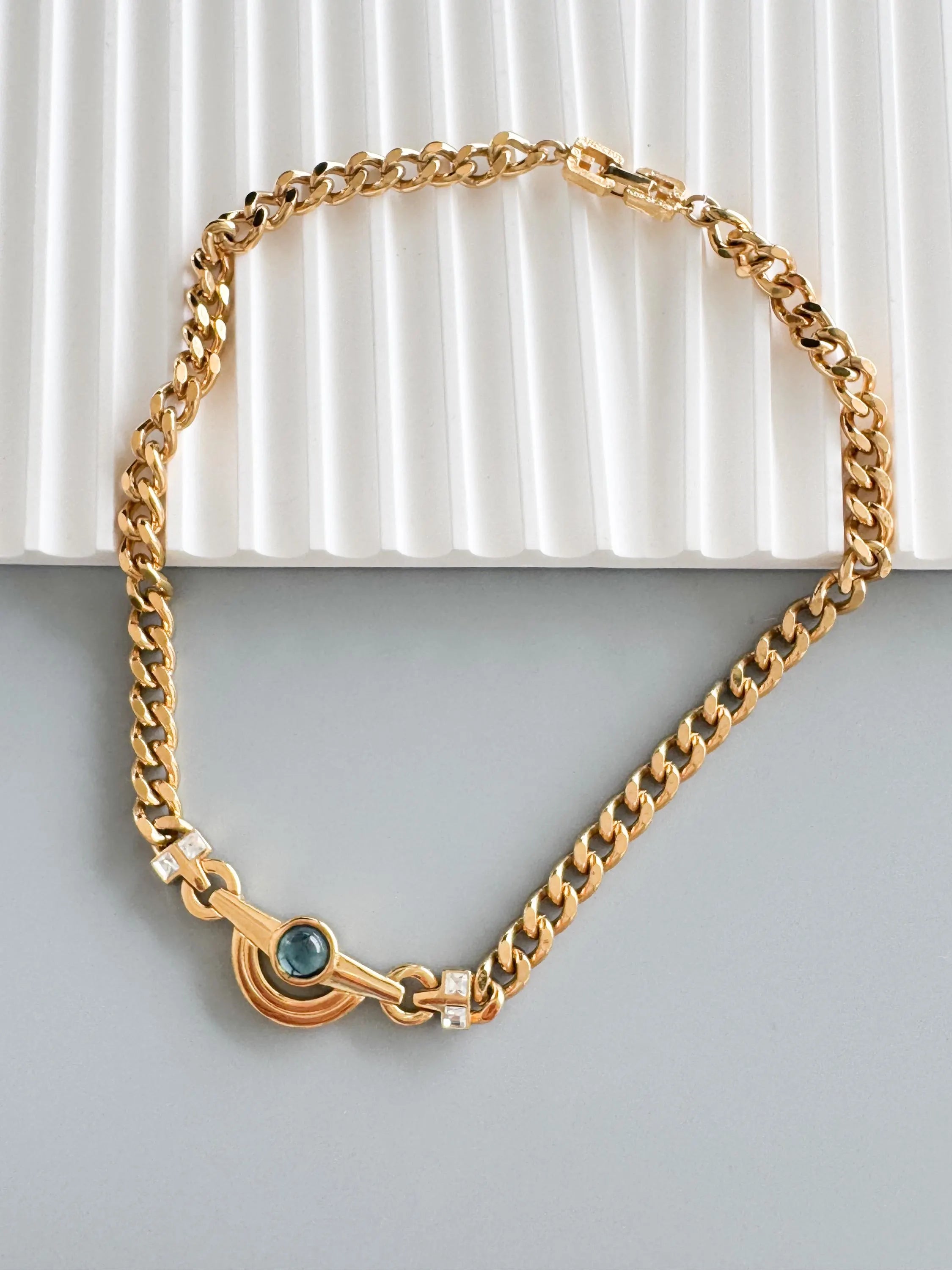 Vintage 1980 Givenchy Necklace, Gold Tone Curb Chain with Light Blue Cabochon & Crystal Accents, Signed Givenchy Paris New York, 38cm