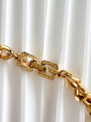 Vintage 1980 Givenchy Necklace, Gold Tone Curb Chain with Light Blue Cabochon & Crystal Accents, Signed Givenchy Paris New York, 38cm