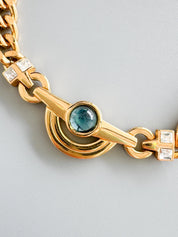 Vintage 1980 Givenchy Necklace, Gold Tone Curb Chain with Light Blue Cabochon & Crystal Accents, Signed Givenchy Paris New York, 38cm