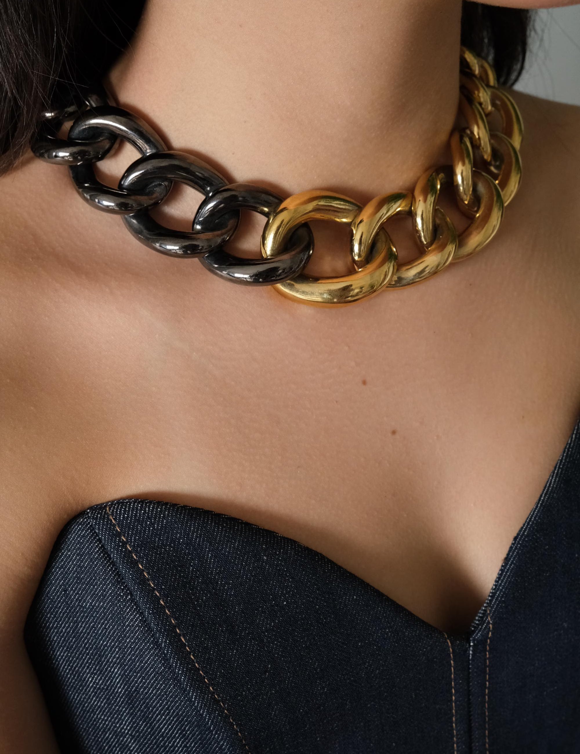 Vintage Givenchy Paris New York Bold Chain Choker Two-Tone Gold-Tone Necklace 1980s Designer Jewelry