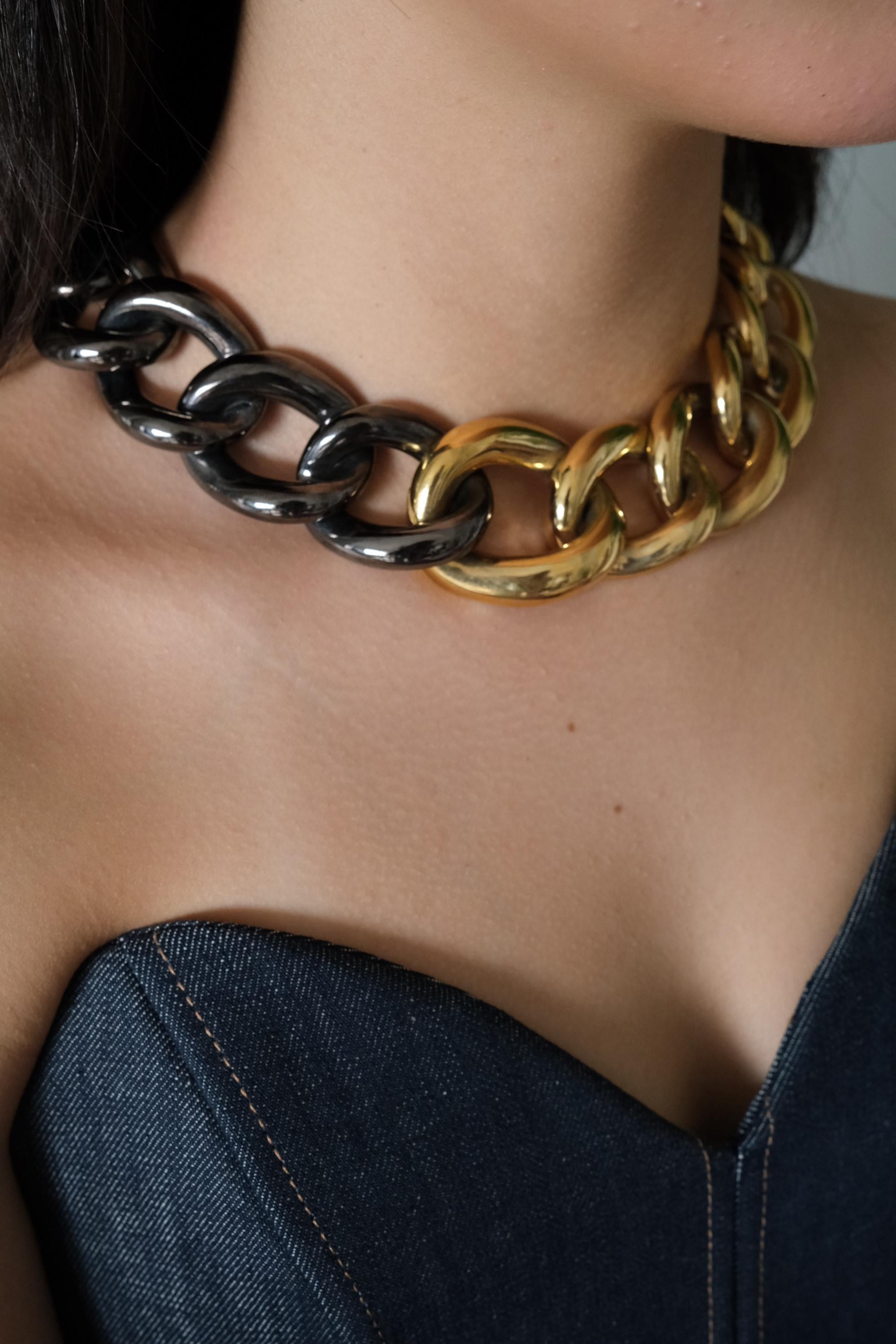 Vintage Givenchy Paris New York Bold Chain Choker Two-Tone Gold-Tone Necklace 1980s Designer Jewelry