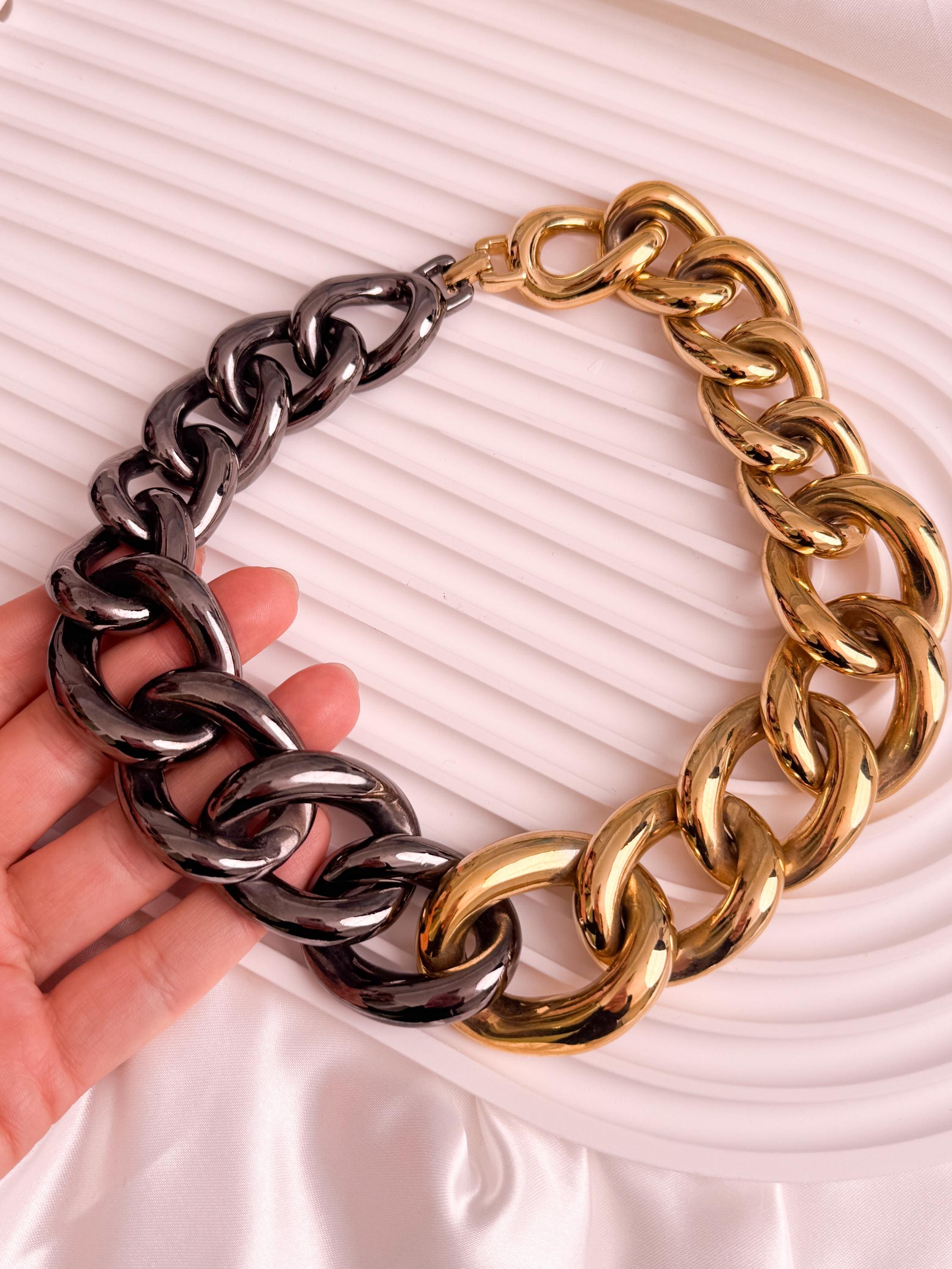 Vintage Givenchy Paris New York Bold Chain Choker Two-Tone Gold-Tone Necklace 1980s Designer Jewelry
