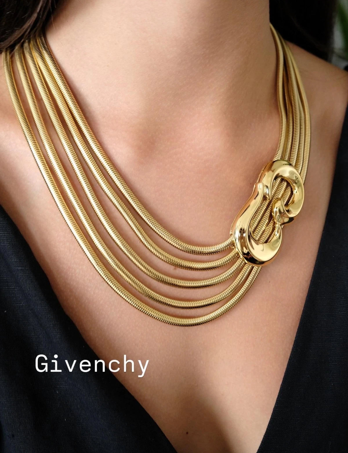 Vintage Givenchy Snake Chain Statement Necklace, Multi Strand Gold Tone Collar with Sculptural Link, Designer Jewelry 1980s 1990s
