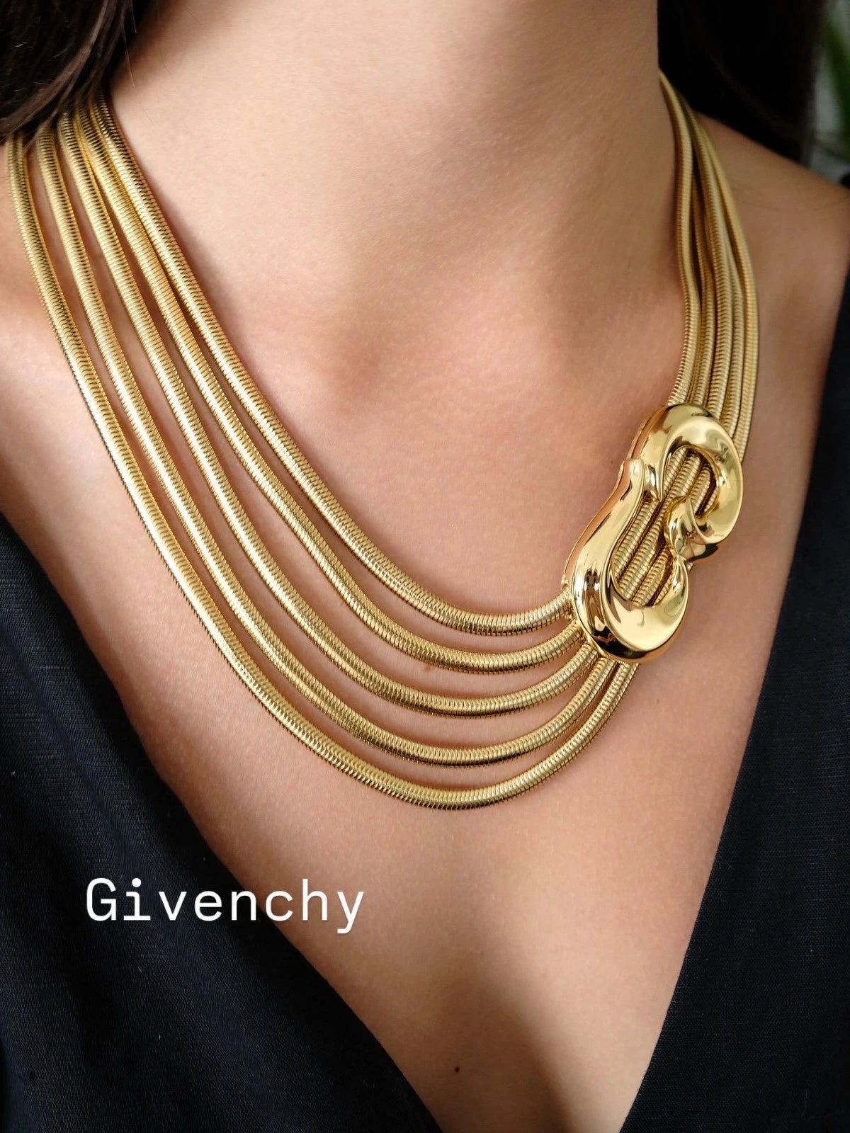 Vintage Givenchy Snake Chain Statement Necklace, Multi Strand Gold Tone Collar with Sculptural Link, Designer Jewelry 1980s 1990s