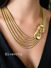 Vintage Givenchy Snake Chain Statement Necklace, Multi Strand Gold Tone Collar with Sculptural Link, Designer Jewelry 1980s 1990s