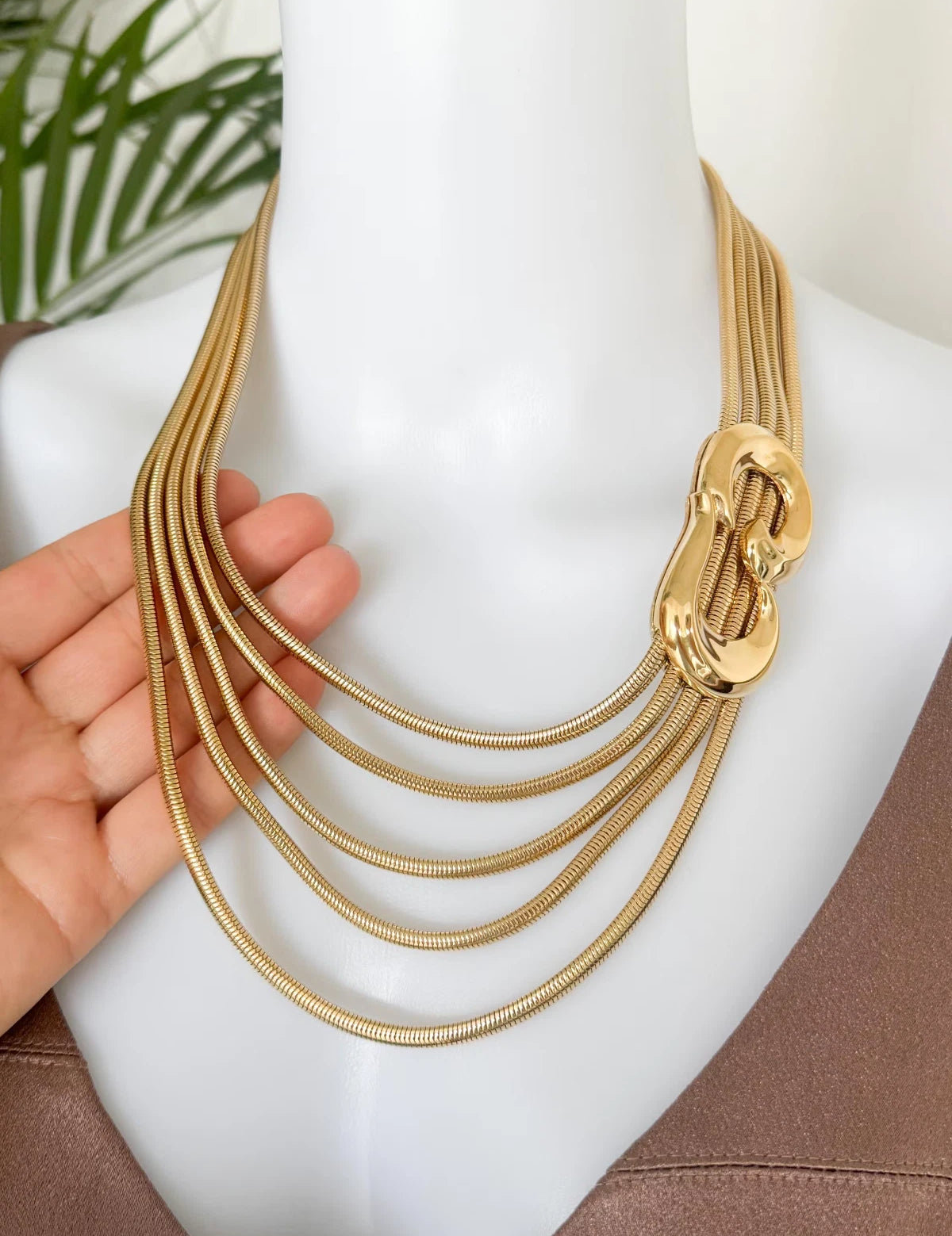 Vintage Givenchy Snake Chain Statement Necklace, Multi Strand Gold Tone Collar with Sculptural Link, Designer Jewelry 1980s 1990s