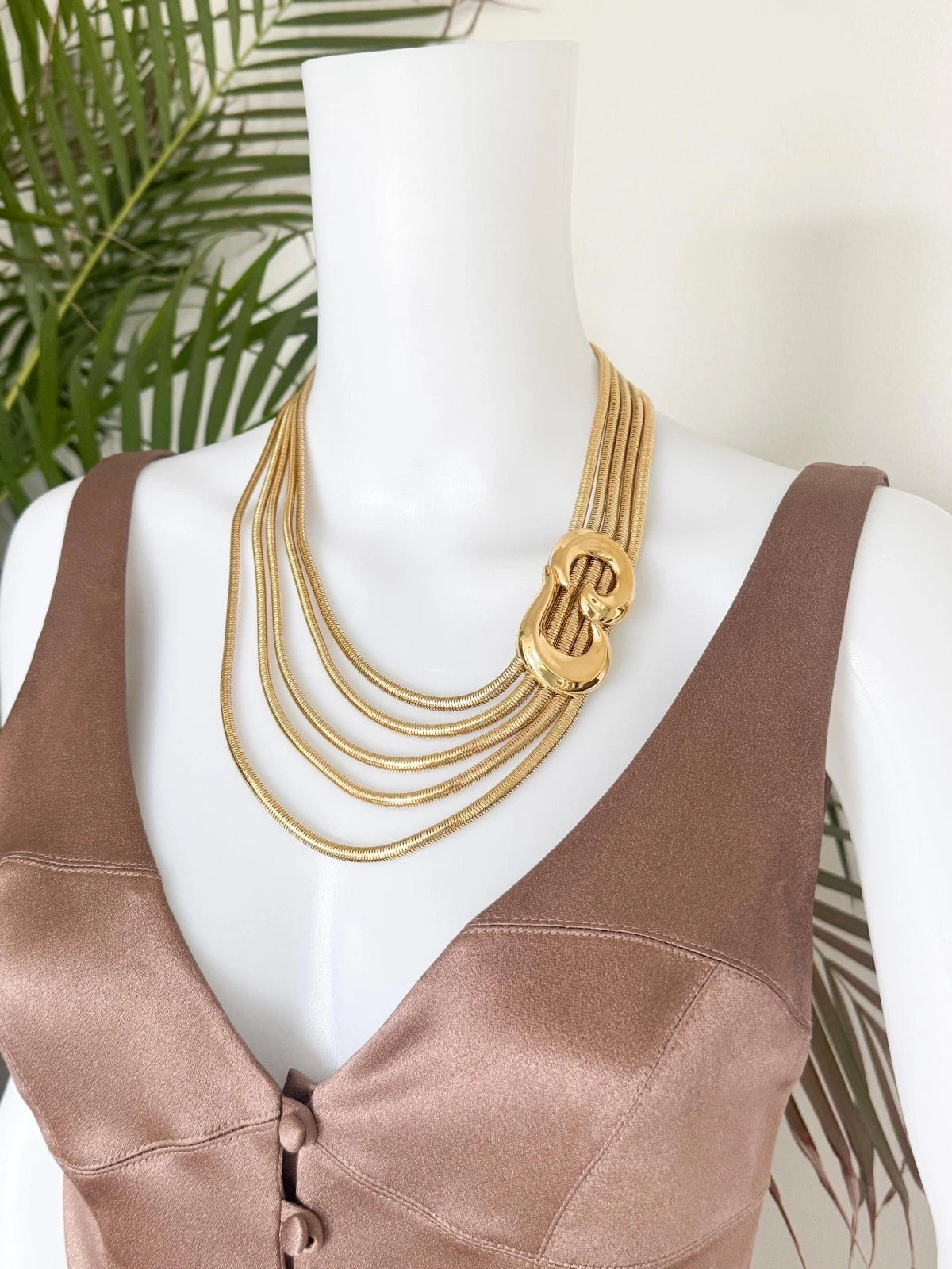 Vintage Givenchy Snake Chain Statement Necklace, Multi Strand Gold Tone Collar with Sculptural Link, Designer Jewelry 1980s 1990s