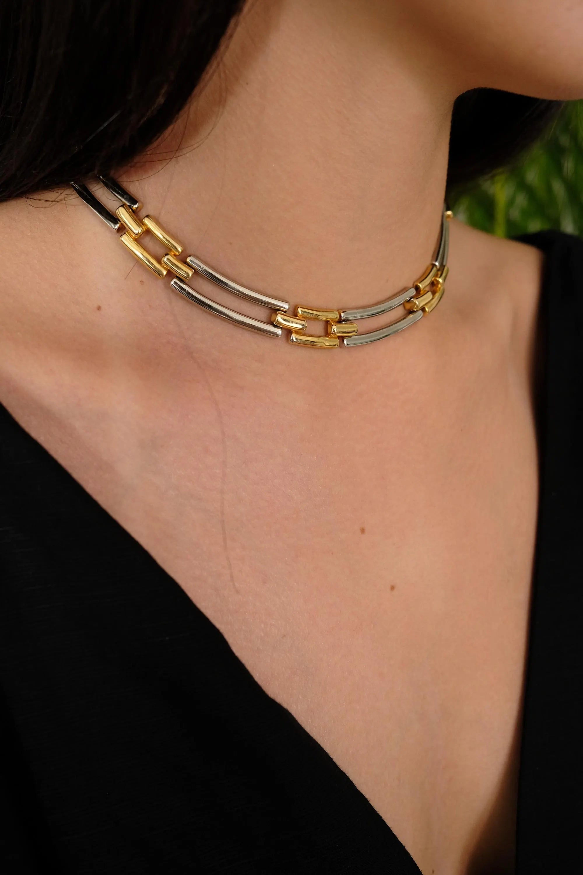 Vintage Givenchy Two-Tone Link Choker Necklace 1980s – Gold Silver Bar Statement Collar – Signed French Designer Jewelry, givenchy choker