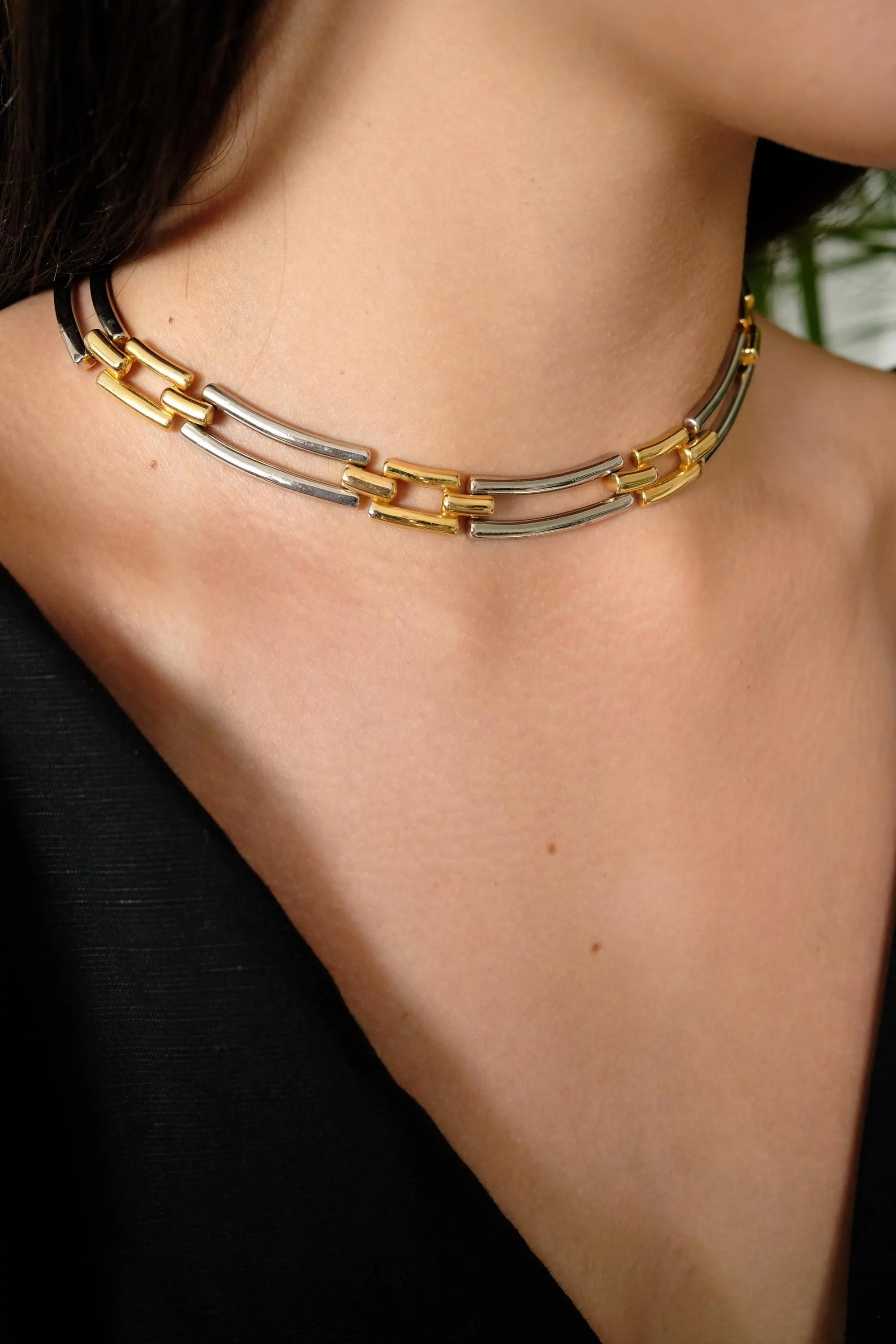 Vintage Givenchy Two-Tone Link Choker Necklace 1980s – Gold Silver Bar Statement Collar – Signed French Designer Jewelry, givenchy choker