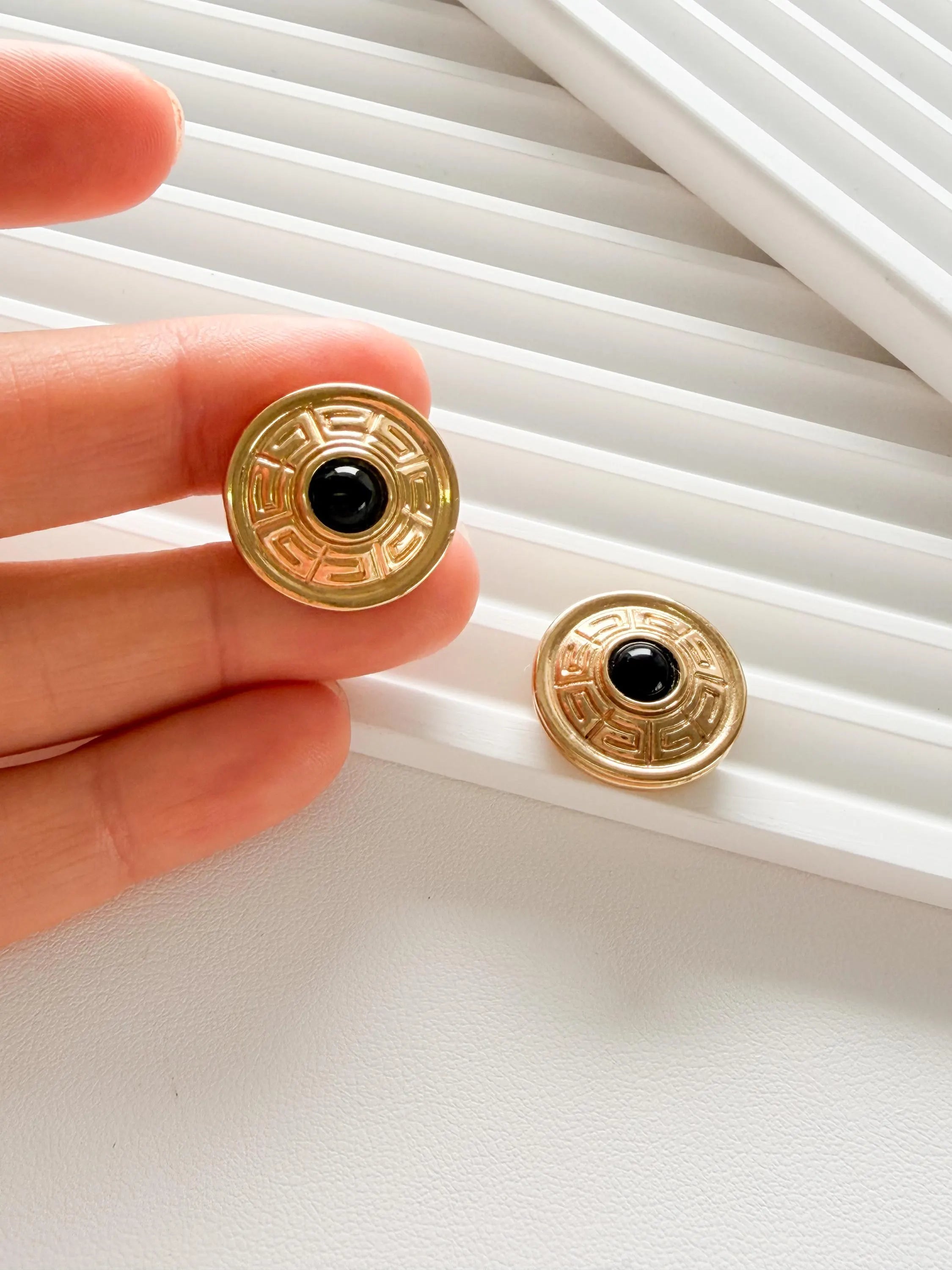 Elegant vintage Givenchy gold round clip on earrings refined timeless luxury jewelry, black cabochon Authentic designer accessory   