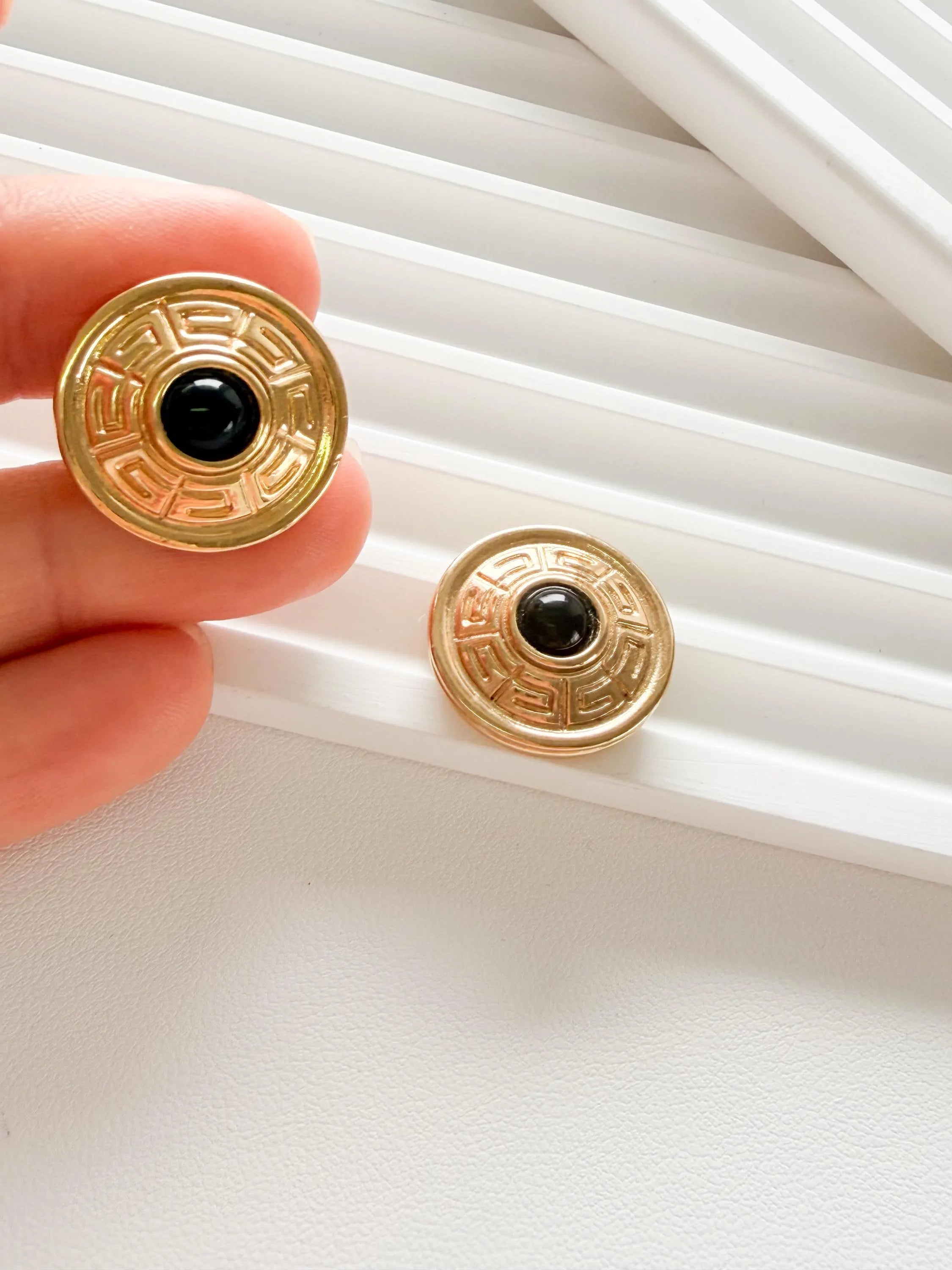 Elegant vintage Givenchy gold round clip on earrings refined timeless luxury jewelry, black cabochon Authentic designer accessory  