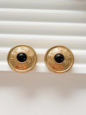 Elegant vintage Givenchy gold round clip on earrings refined timeless luxury jewelry, black cabochon Authentic designer accessory  