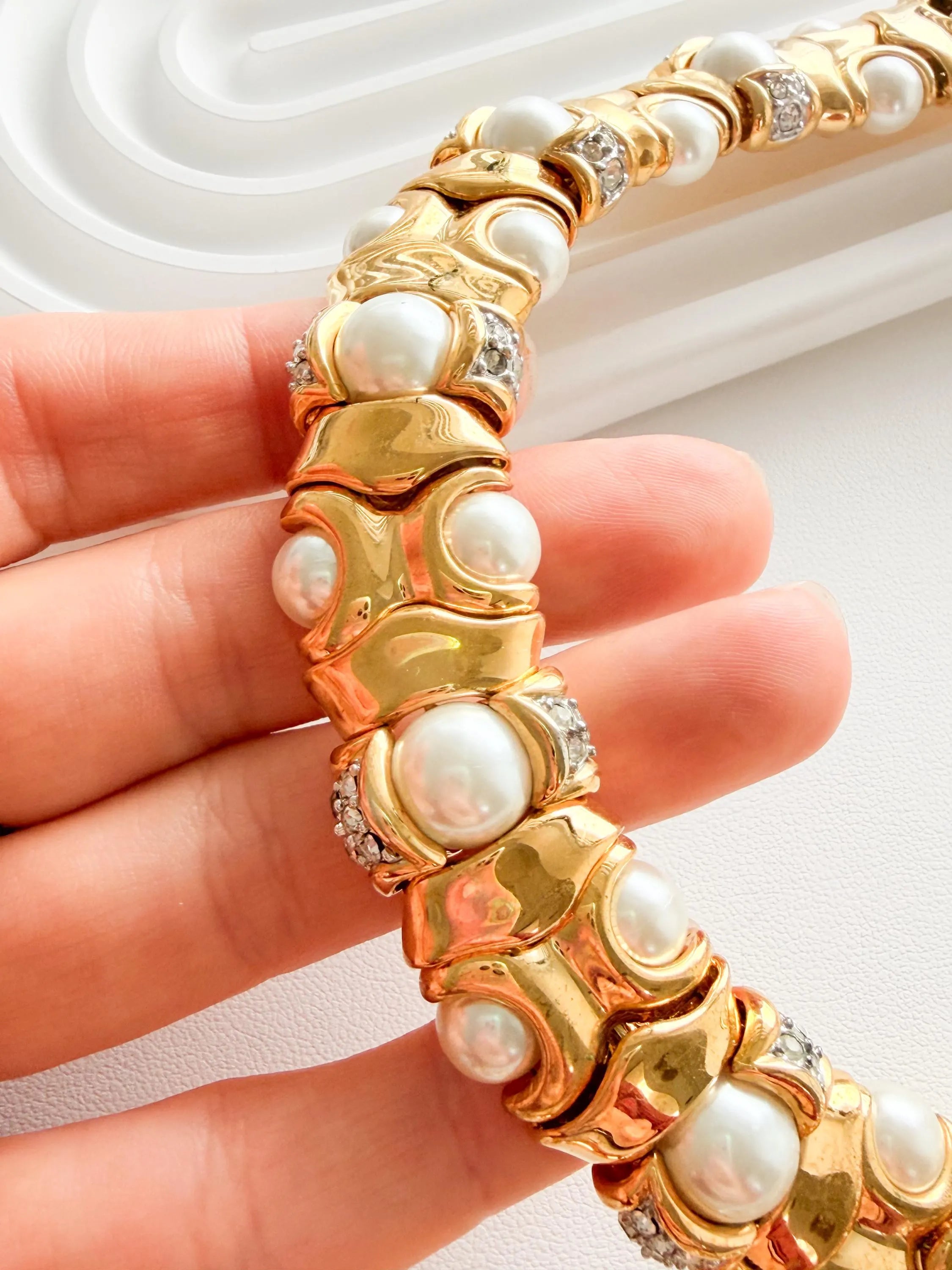 Gold choker necklace and faux pearl bracelet set coordinated luxury styling