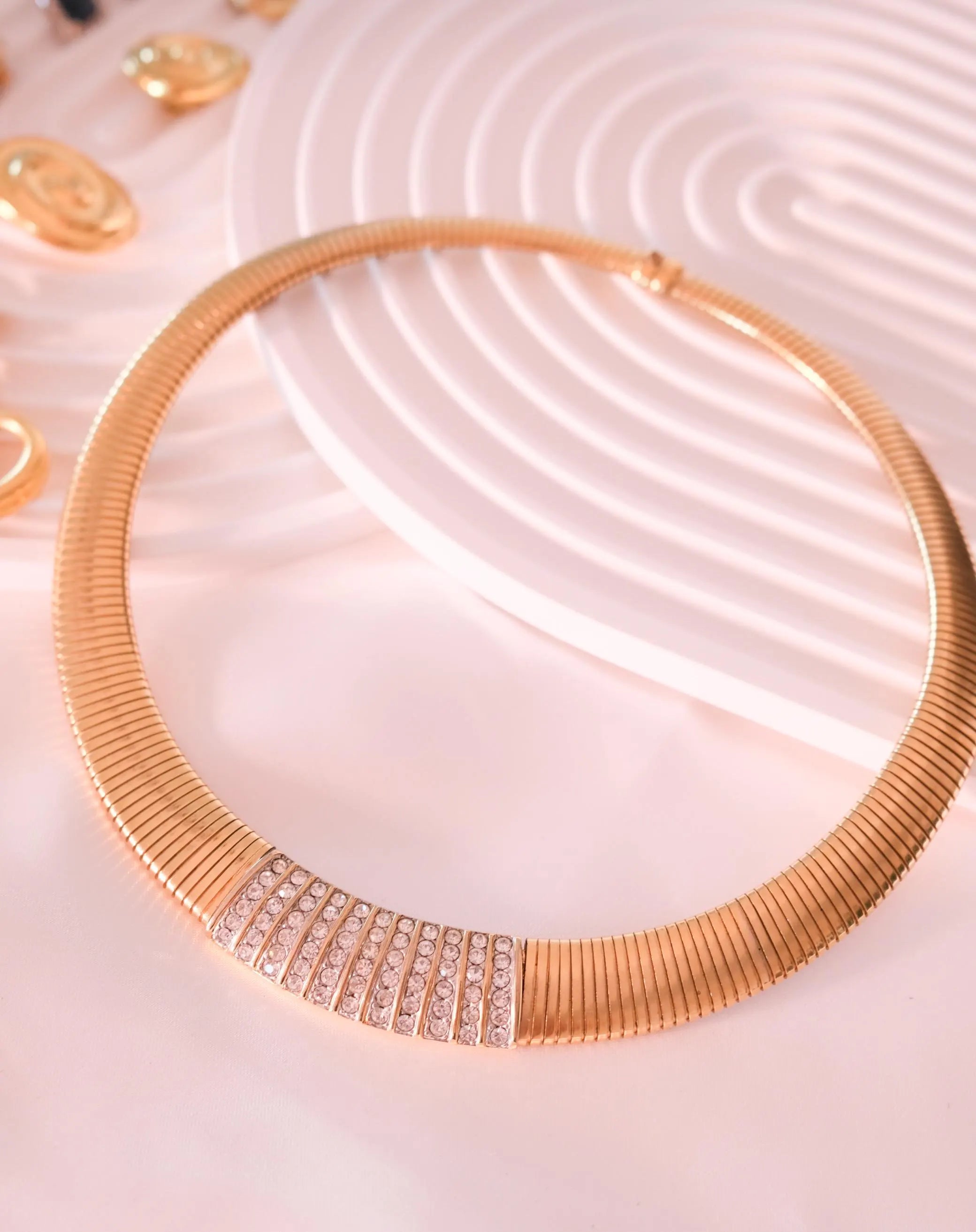 Vintage Gold Tone Choker Necklace: Rhinestone Accent Jewelry