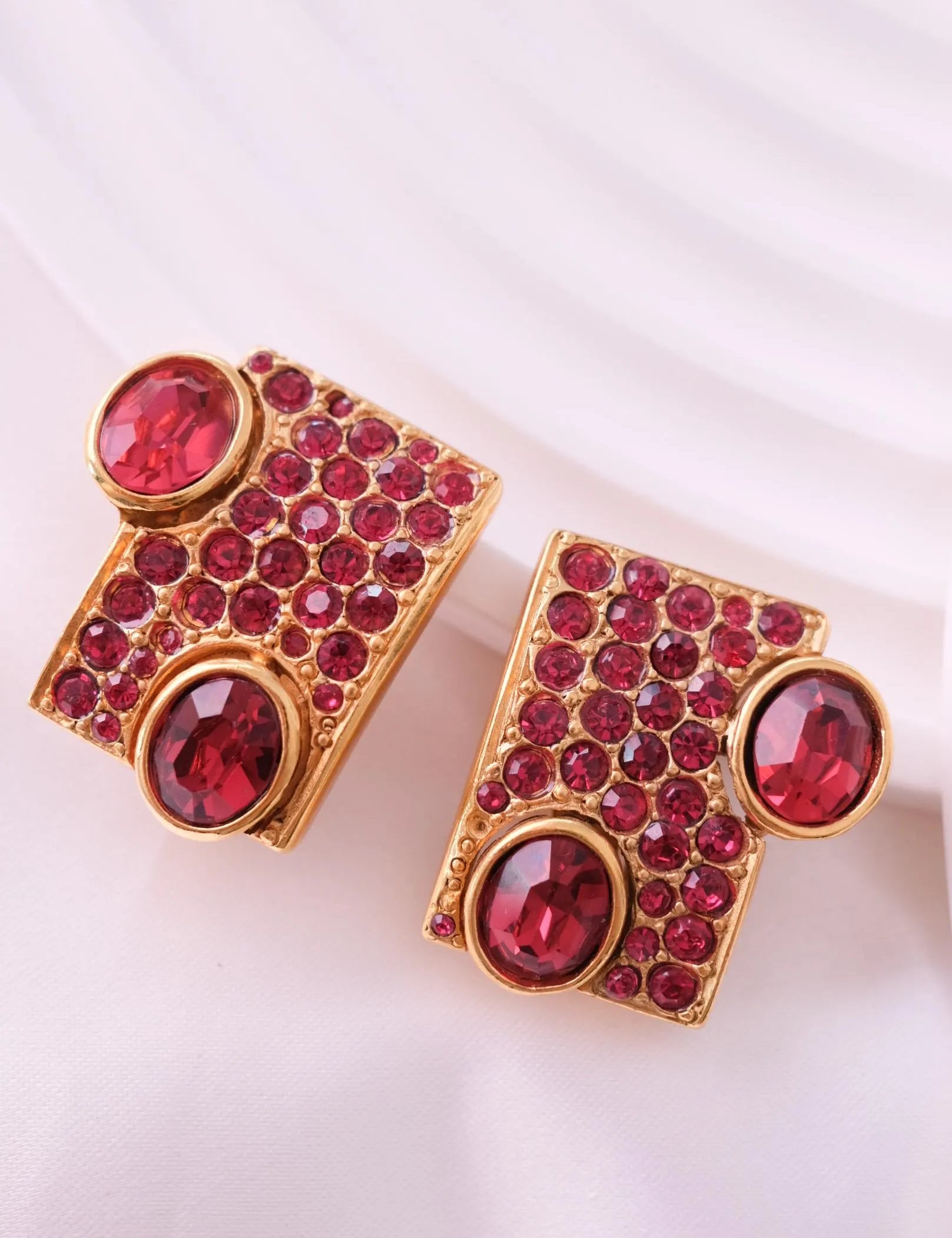 vintage Goossens Paris archive earrings Ruby red color crystals Made in France, Clip-on Earrings, Bridal Earrings, Made in France