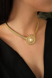Vintage Grosse 1990 CHC gold-plated necklace and clip-on earrings set with faux pearls and rhinestones