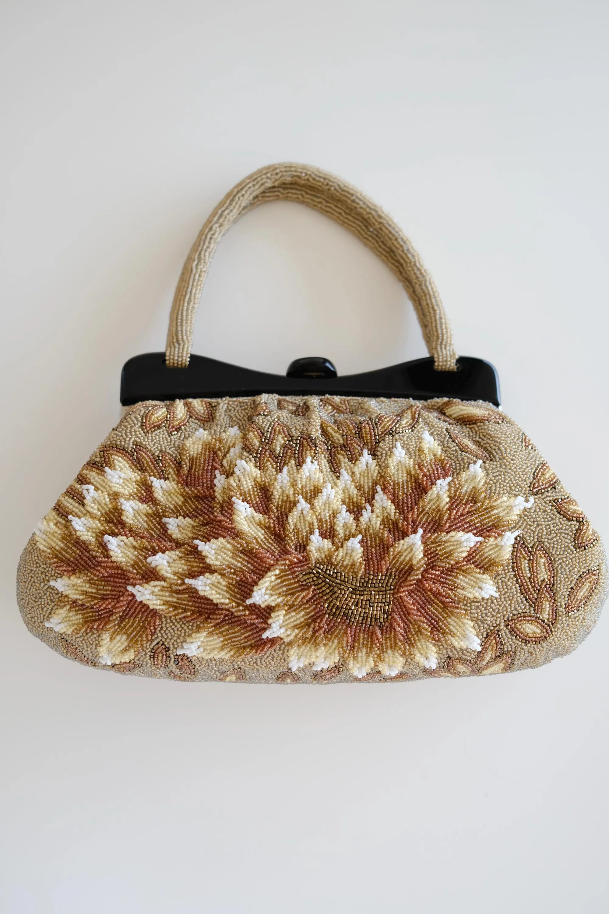Vintage Japanese 3D peony floral beaded handbag in ivory, champagne gold and bronze with sculptural raised beadwork and black frame