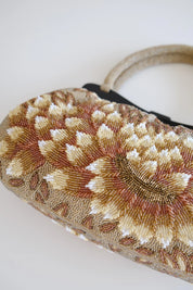 Excellent vintage condition Japanese ivory gold peony beaded handbag showing preserved dimensional floral embroidery