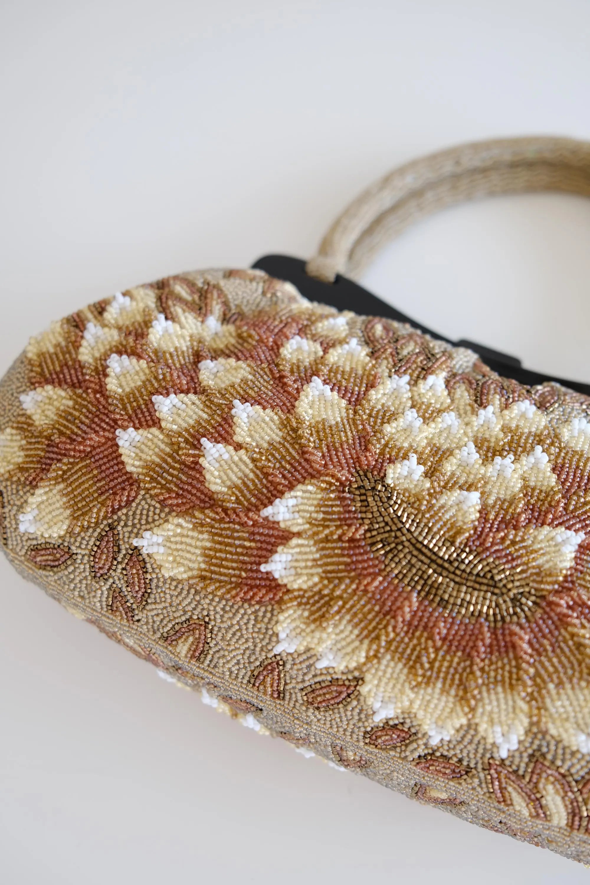 Excellent vintage condition Japanese ivory gold peony beaded handbag showing preserved dimensional floral embroidery