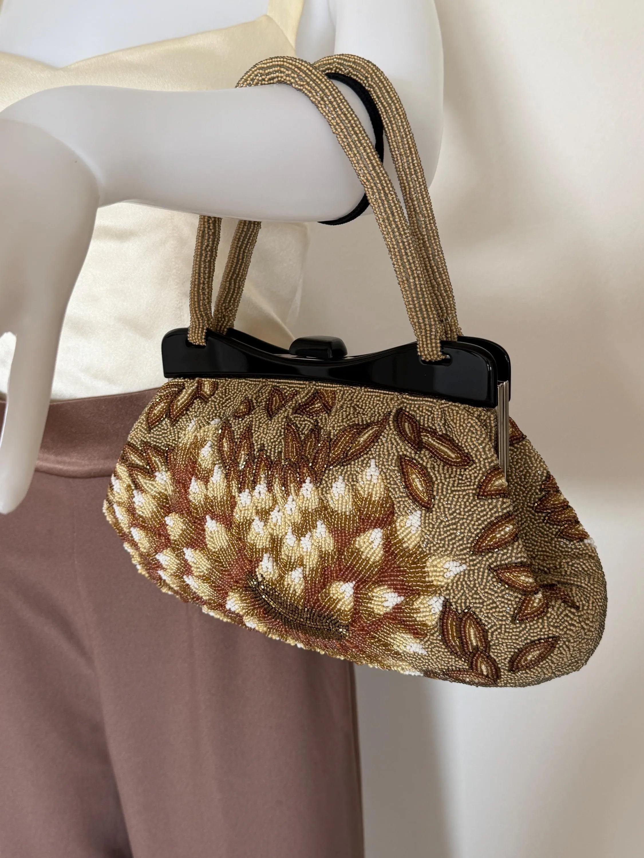 Vintage Japanese 3D peony beaded handbag styled with contemporary minimalist clothing
