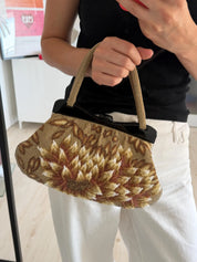 Vintage Japanese 3D floral beaded handbag carried by its elegant beaded top handle with ivory and champagne gold details
