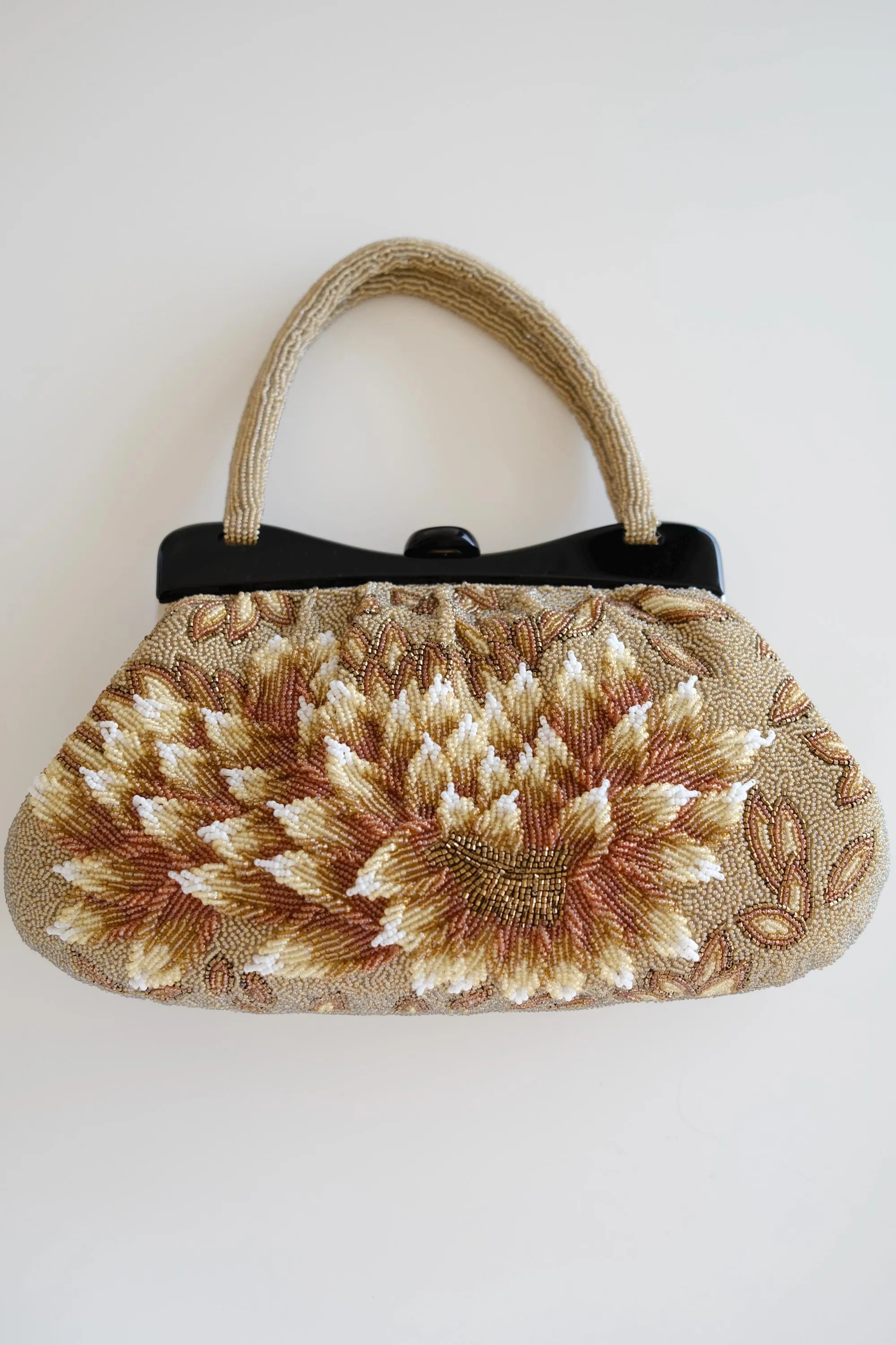 Vintage Japanese 3D floral beaded handbag measuring approximately 33 cm wide, 32 cm high including handle and 11 cm deep