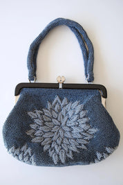 Vintage Japanese blue grey and silver glass beaded evening handbag featuring raised 3D peony floral embroidery and beaded handles