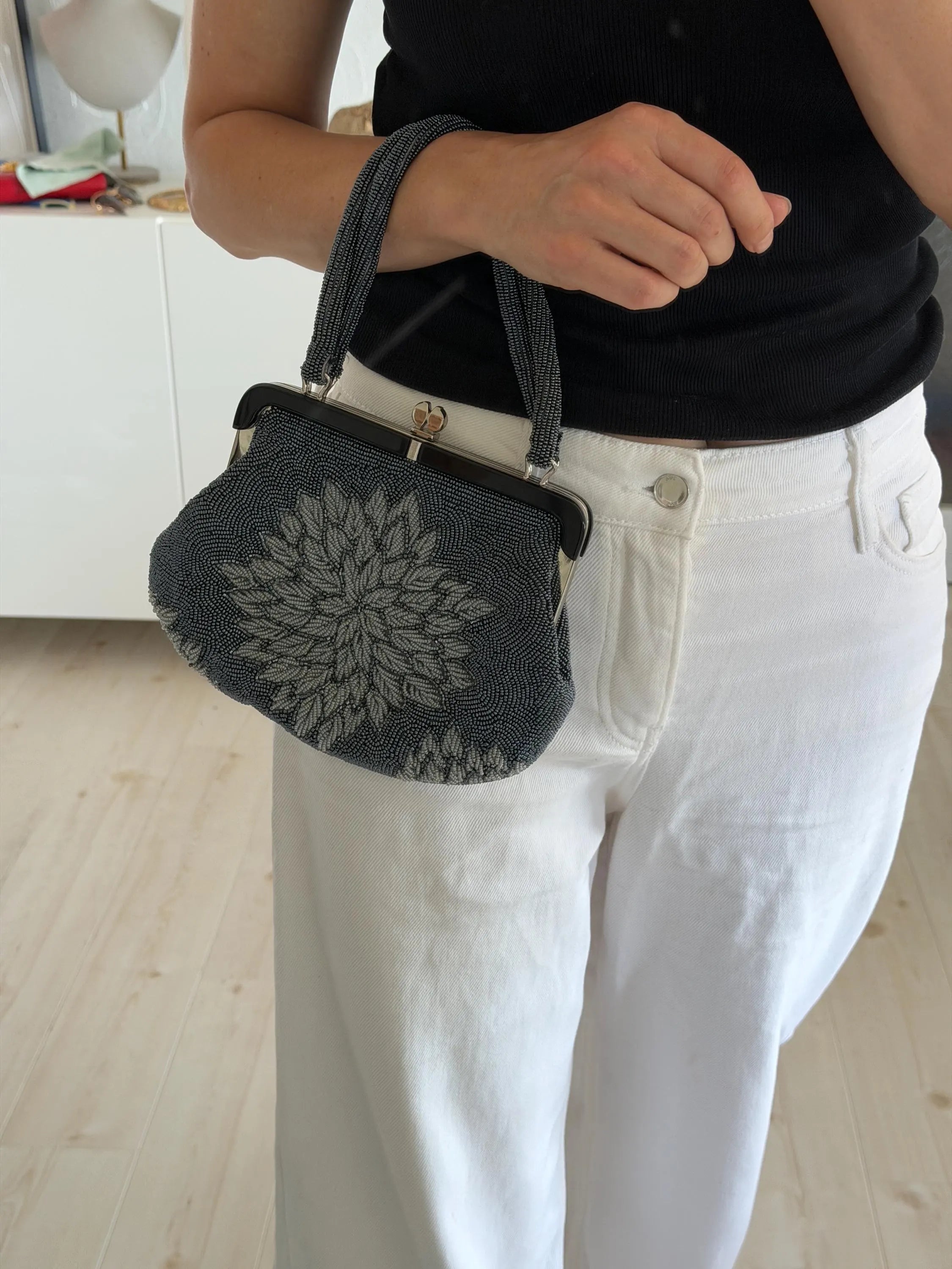 Vintage Japanese blue-grey 3D peony glass beaded evening handbag carried by its fully beaded double handles