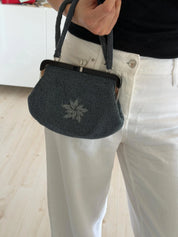 Vintage Japanese blue-grey 3D peony glass beaded evening handbag carried by its fully beaded double handles