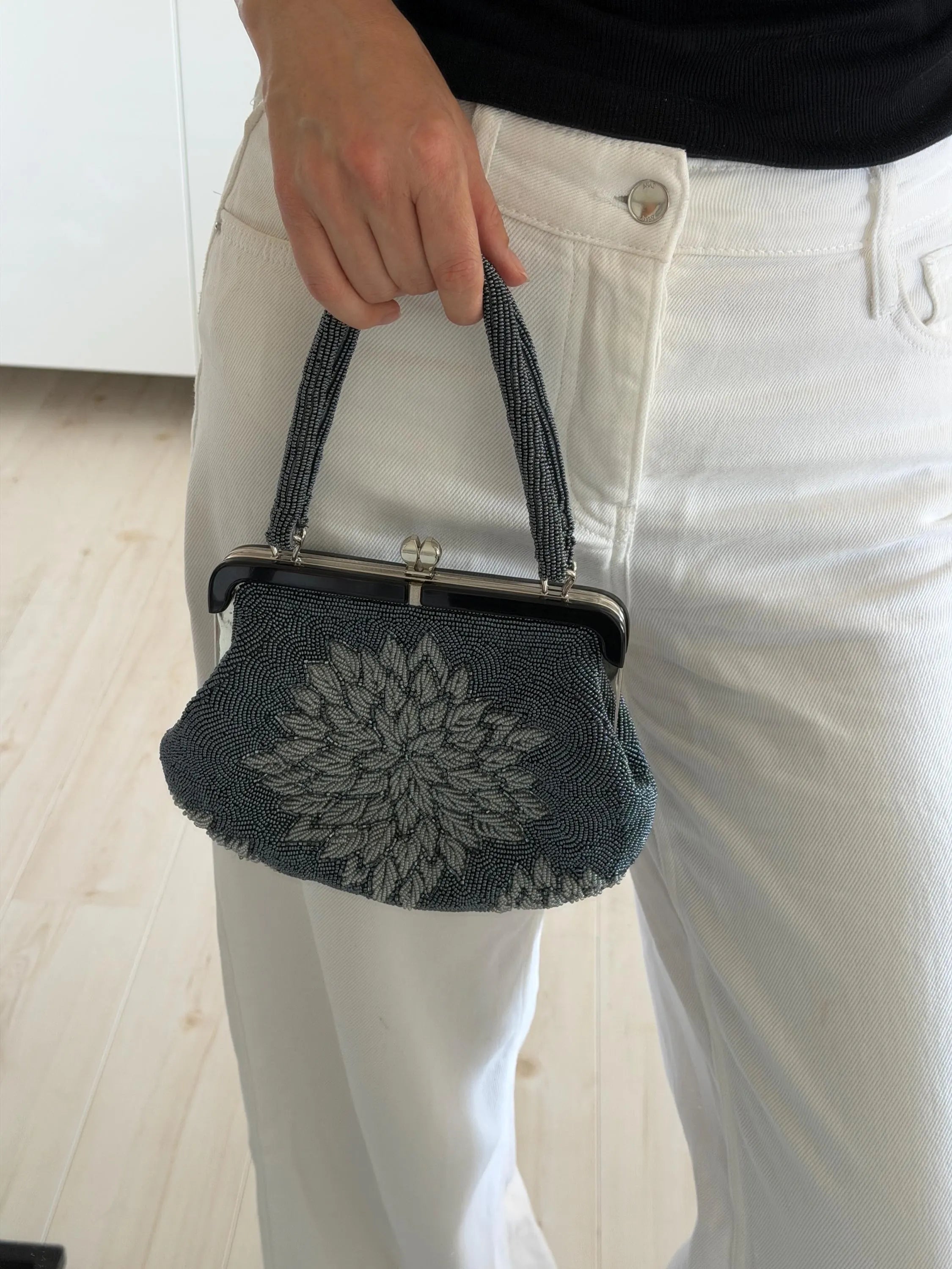 Vintage Japanese blue-grey 3D peony glass beaded evening handbag carried by its fully beaded double handles