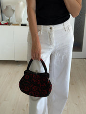 Vintage Japanese black and red glass beaded handbag styled 