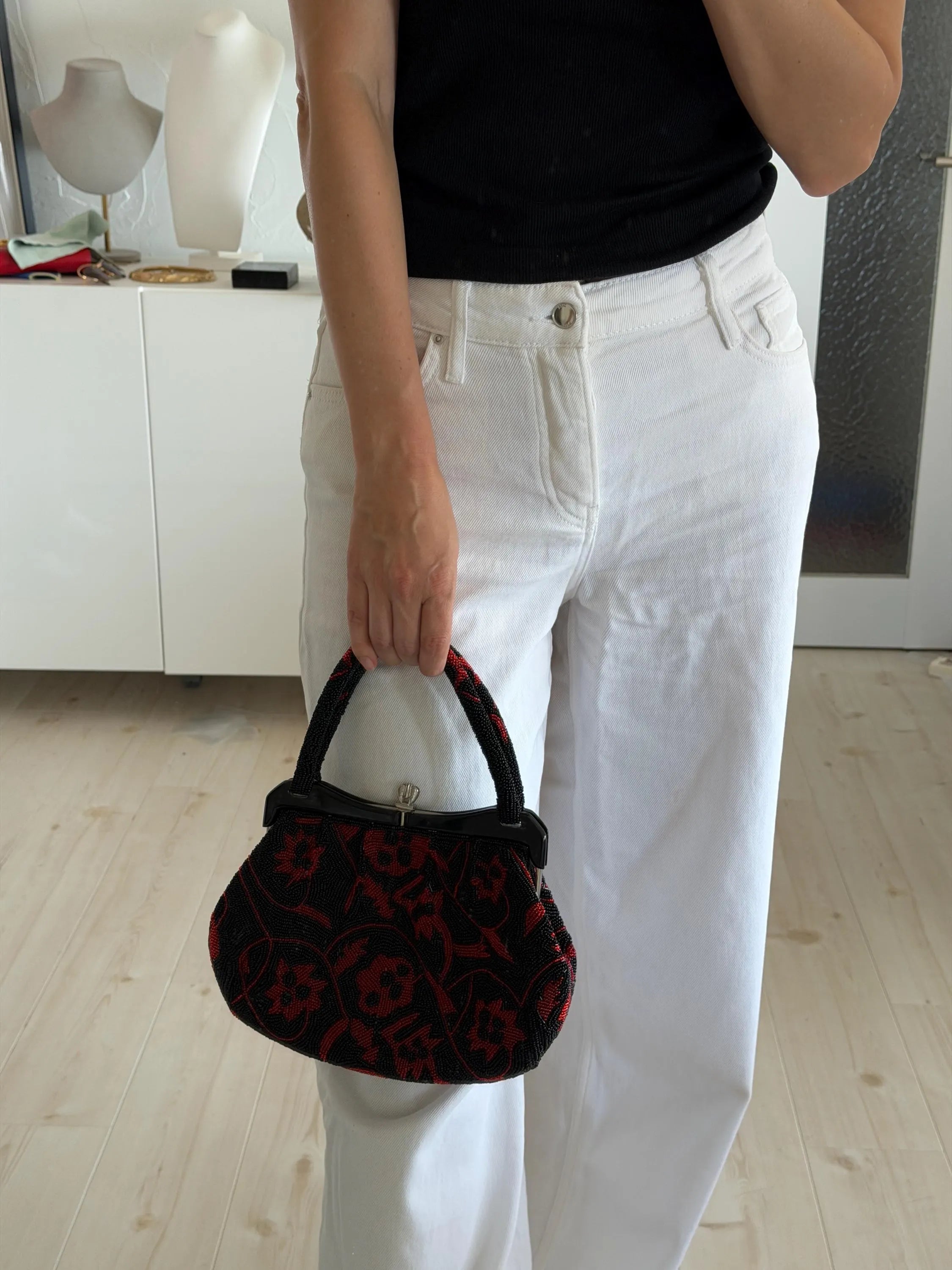 Vintage Japanese black and red glass beaded handbag styled 