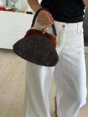Vintage Japanese blue-grey 3D peony glass beaded evening handbag carried by its fully beaded double handles